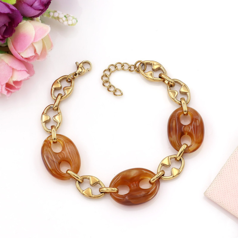Personality Vintage Women's Jewelry Casual Resin Coffee Seeds Stainless Chain Bracelet Leopard Print Pig Nose Beads Bracelet