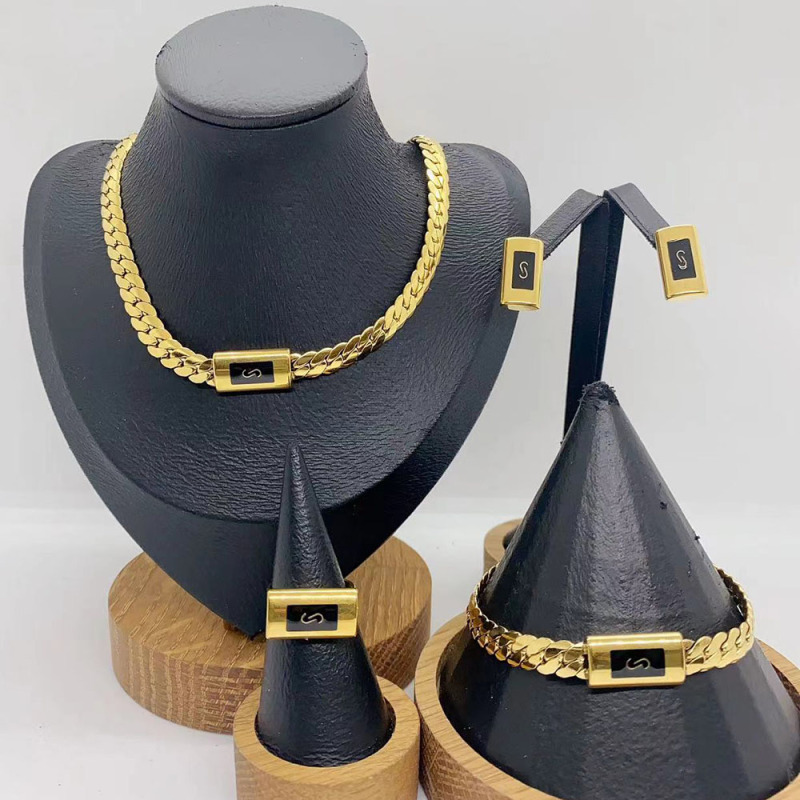 Conjuntos De Joyeria Minimalist Smooth Square S Shaped Stud Earrings Necklace Ring Jewelry Set Joyera De Acero Inoxidable