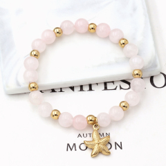 Luxury Bohemian Style  Pink Stone Bead Bracelet Starfish Pendant Charm Elastic Fashion Beaded Bracelet