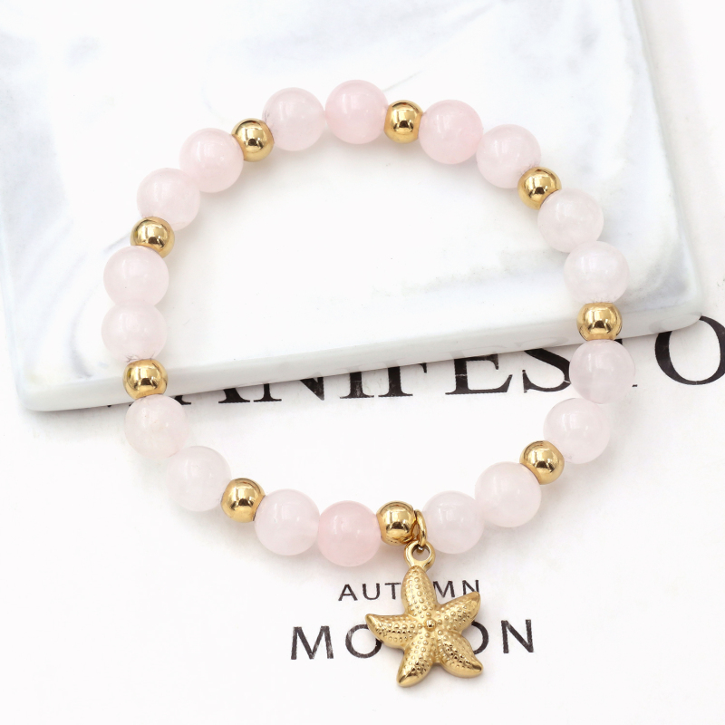 Luxury Bohemian Style  Pink Stone Bead Bracelet Starfish Pendant Charm Elastic Fashion Beaded Bracelet