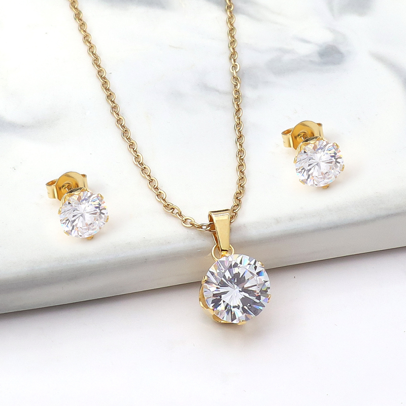 Fashion Stainless Steel Claw Setting Round Multicolor 3A Cubic Zirconia Necklace Earrings Jewelry Set for Woman Italian Jewelry
