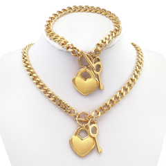 Mens Chain Gold Tone Double Curb Cuban Link Rombo Boys 316L Stainless Steel Key Heart Necklace Bracelet