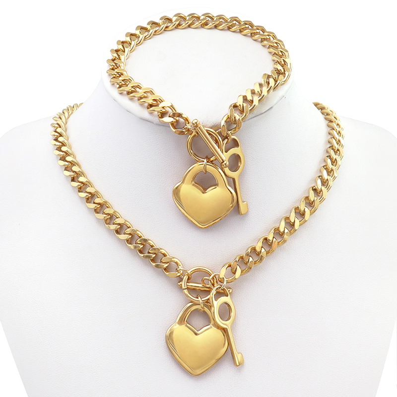 Mens Chain Gold Tone Double Curb Cuban Link Rombo Boys 316L Stainless Steel Key Heart Necklace Bracelet