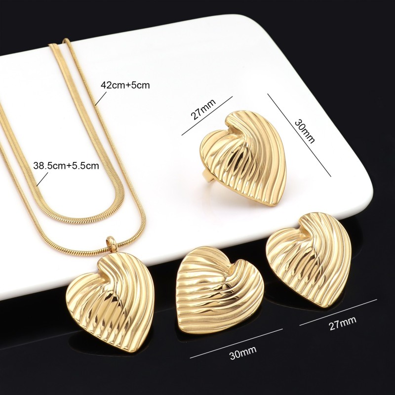 Stainless Steel Water Drop Style Heart Trendy Geometric Line Texture Stud Earring Necklace Ring 3pcs Jewelry Set Wholesale