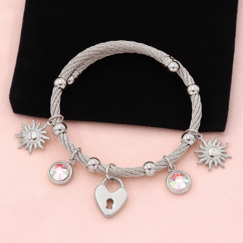 Ethnic Style Gold Plated Stainless Steel Crystal Coin Wire Bracelet Heart Titanium Steel Zirconia Bangle Acero Inoxidable Joyas
