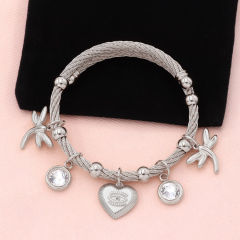 Ethnic Style Gold Plated Stainless Steel Crystal Coin Wire Bracelet Heart Titanium Steel Zirconia Bangle Acero Inoxidable Joyas