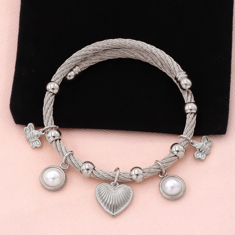 Ethnic Style Gold Plated Stainless Steel Crystal Coin Wire Bracelet Heart Titanium Steel Zirconia Bangle Acero Inoxidable Joyas