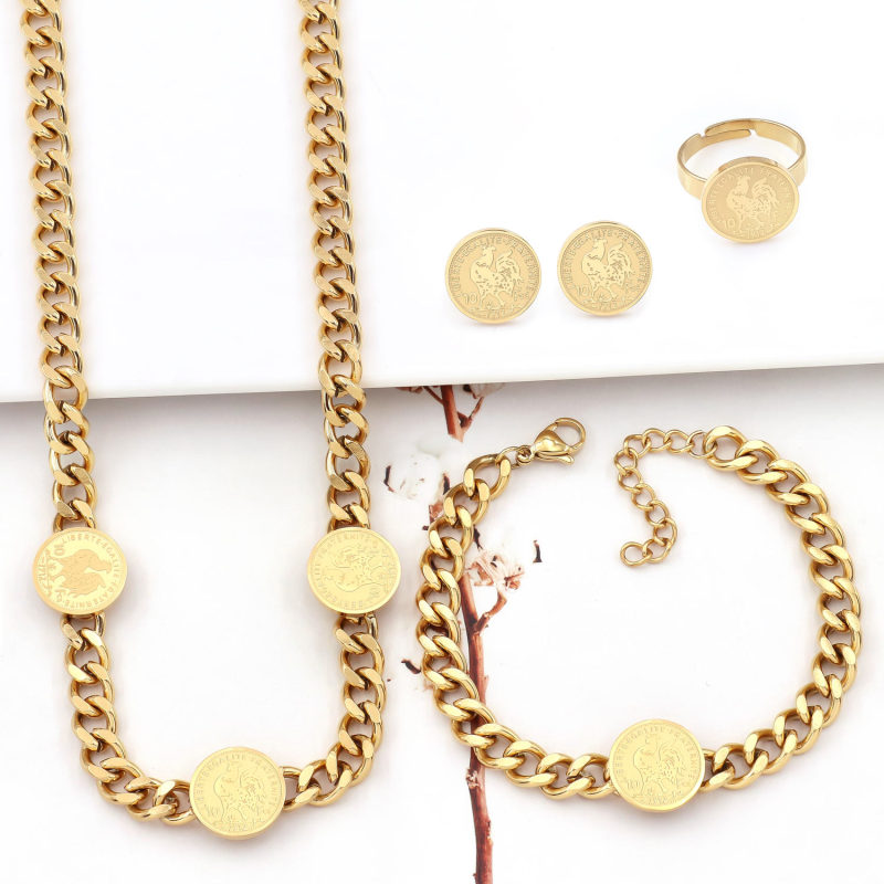Women Stainless Steel Franc Commemorative Coin Rooster Head Design Luxury 4pcs Jewelry Set