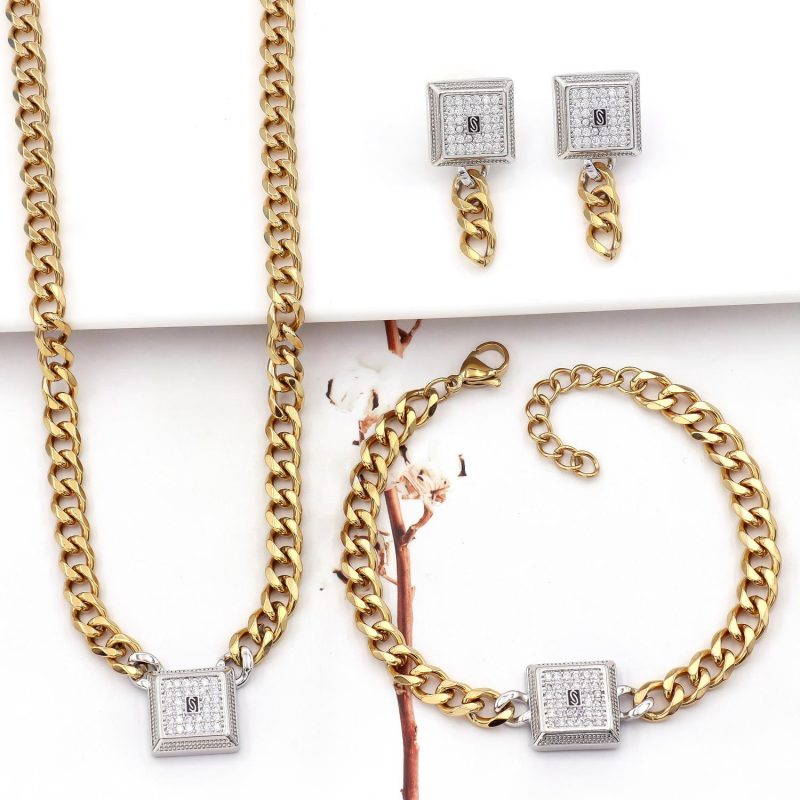 Cuban Chain Men's and Women's Hip-hop Style Thick Necklace Earrings Ring and Bracelet Set Versatile Style