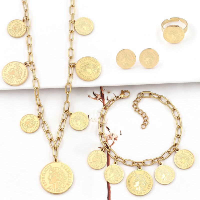 Wholesale Niche Design Stainless Steel Head Necklace Bracelet Ring Earrings Fashion Jewelry Set