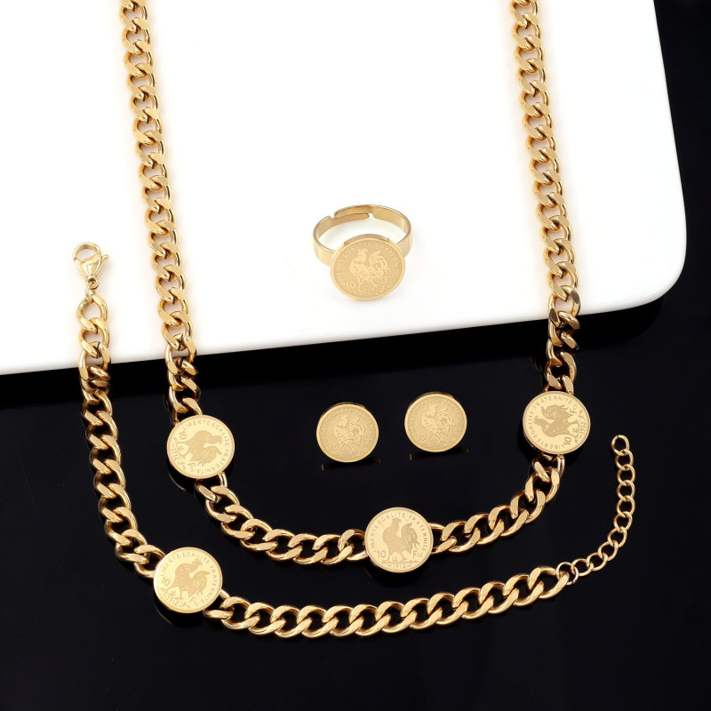 Women Stainless Steel Franc Commemorative Coin Rooster Head Design Luxury 4pcs Jewelry Set