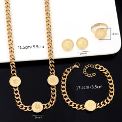 Women Stainless Steel Franc Commemorative Coin Rooster Head Design Luxury 4pcs Jewelry Set