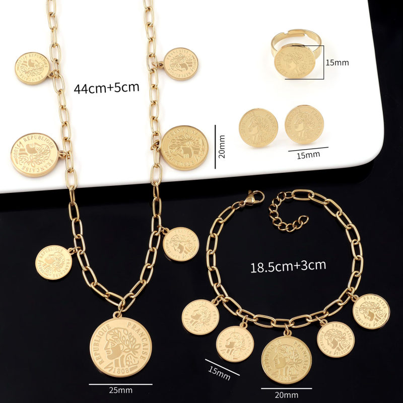 Wholesale Niche Design Stainless Steel Head Necklace Bracelet Ring Earrings Fashion Jewelry Set