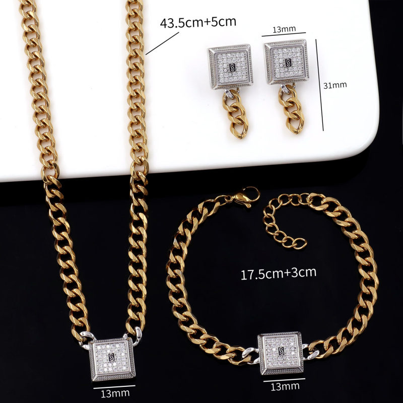 Cuban Chain Men's and Women's Hip-hop Style Thick Necklace Earrings Ring and Bracelet Set Versatile Style