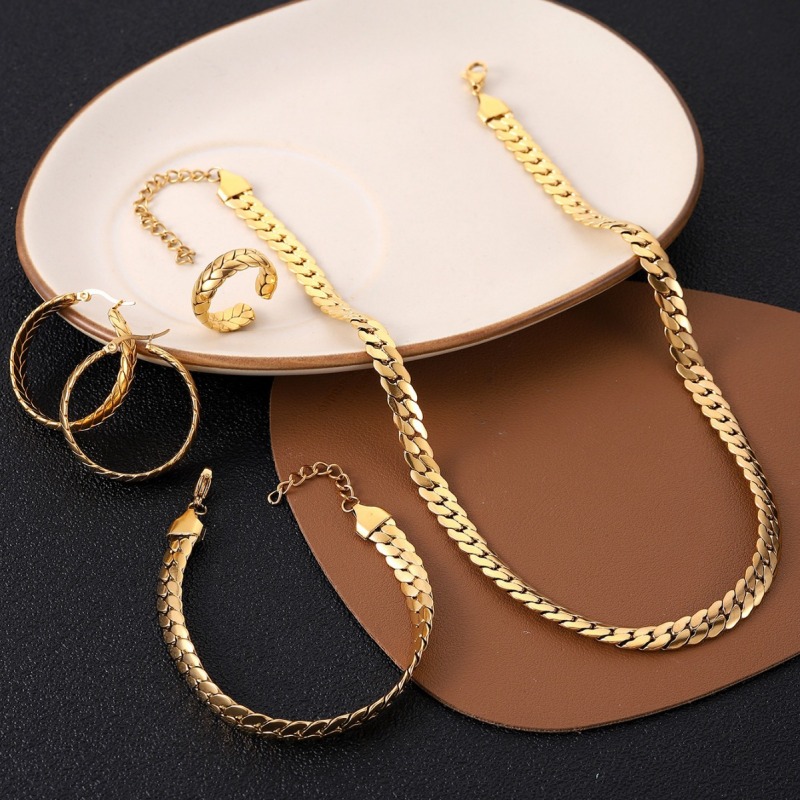 Fashion Stainless Steel Gold Plated South American Chain Necklace Earrings Ring Bracelet Jewelry Set