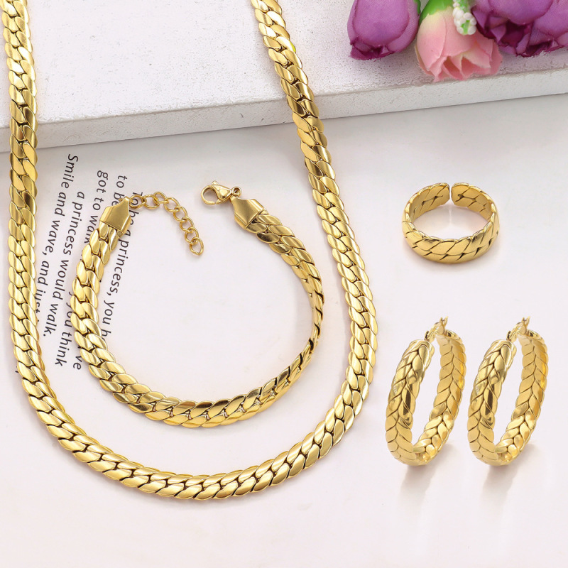 Fashion Stainless Steel Gold Plated South American Chain Necklace Earrings Ring Bracelet Jewelry Set