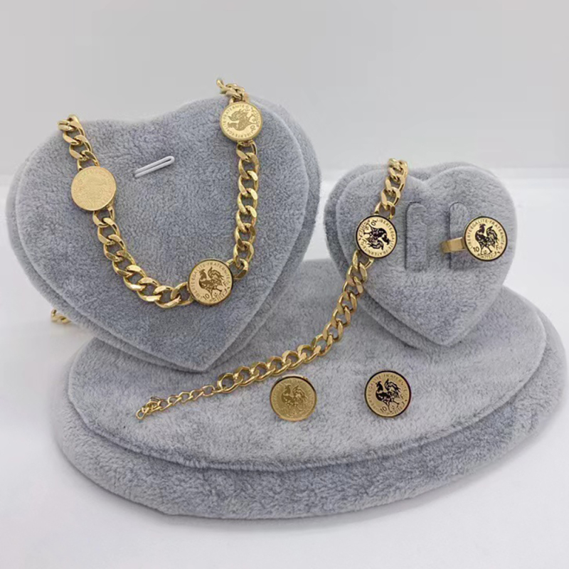 Women Stainless Steel Franc Commemorative Coin Rooster Head Design Luxury 4pcs Jewelry Set