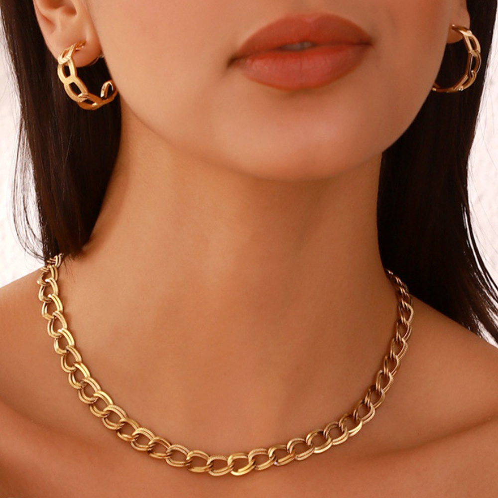 Punk Stainless Steel Chunky Oval Large Flat Cuban Curb Link Chains Choker Jewelry Set Bijoux Women Acero Inoxidable Joyas
