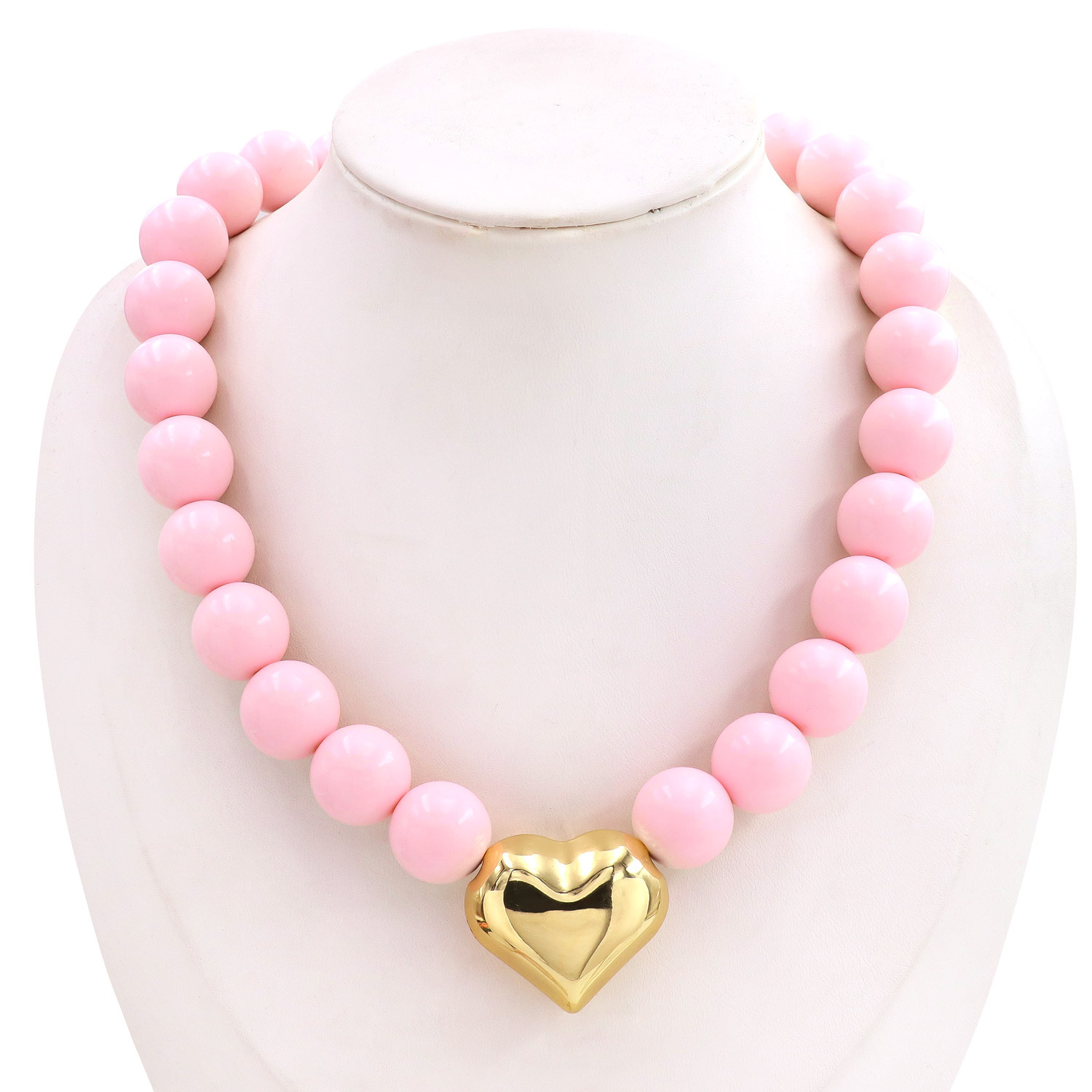 15mm Bead Bohemian Vacation Rainbow Resin Beaded Choker Necklace With Gold Bubble Heart Charm for Women Fashion Colorful Beaded Necklace