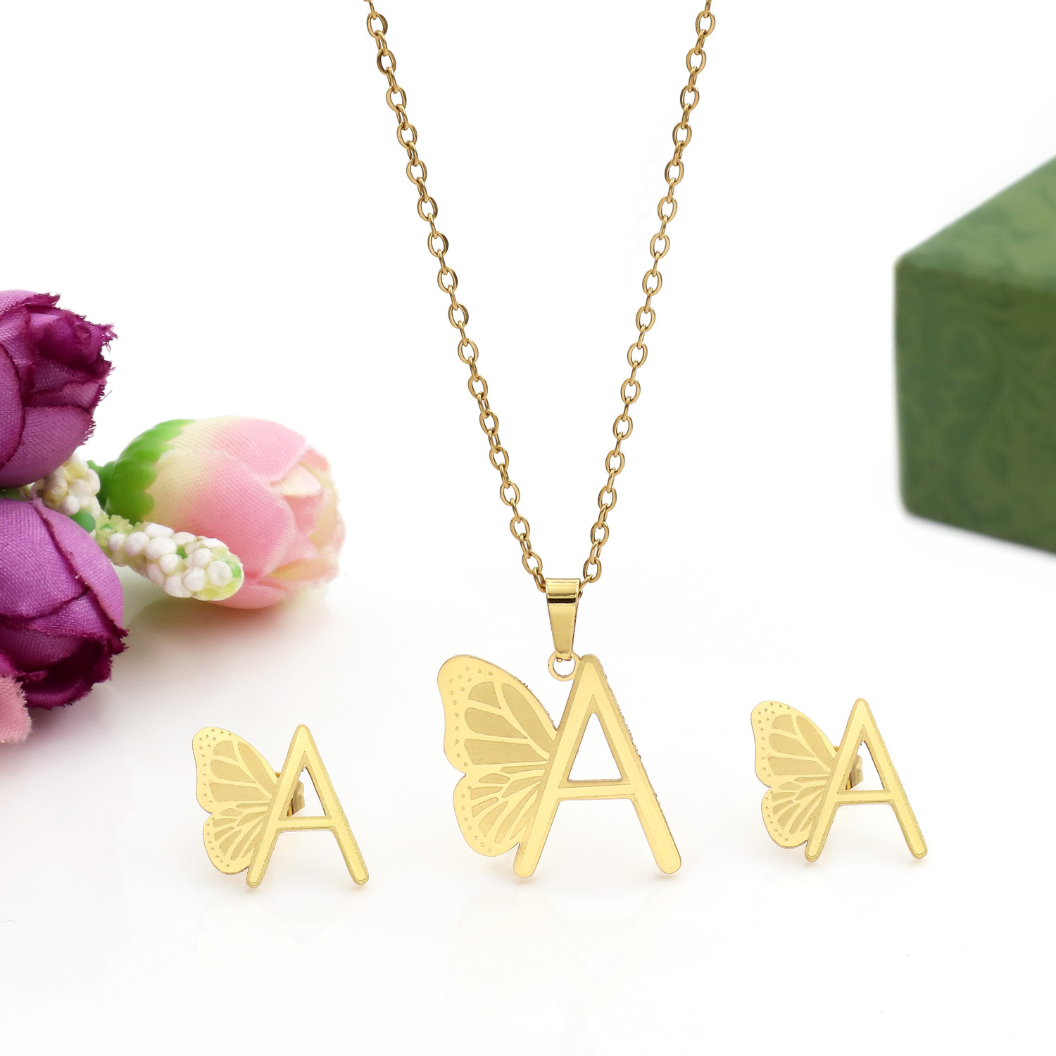 Butterfly Initial Necklace 18K Gold Plated Stainless Steel A-Z 26 Letter Necklace Earring Jewelry Set