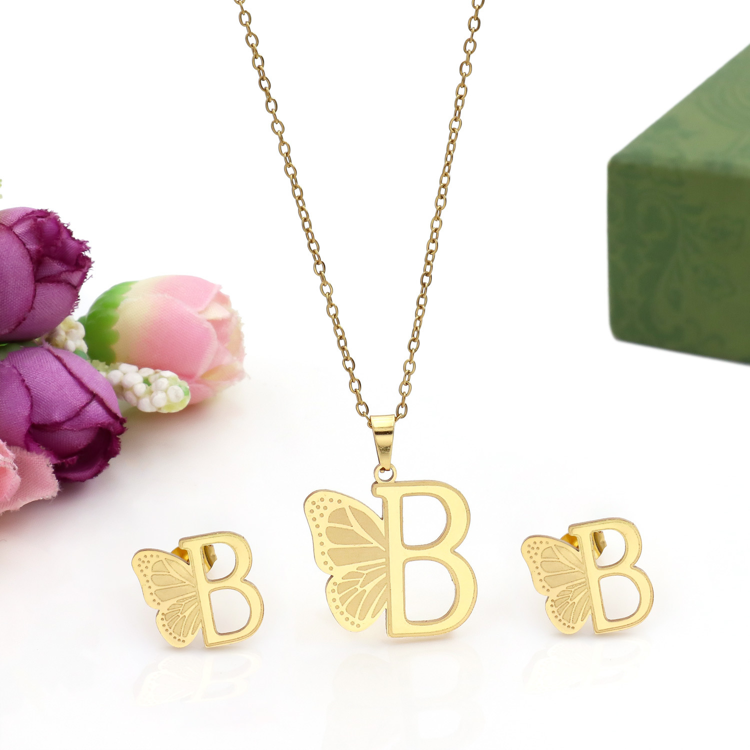 Butterfly Initial Necklace 18K Gold Plated Stainless Steel A-Z 26 Letter Necklace Earring Jewelry Set