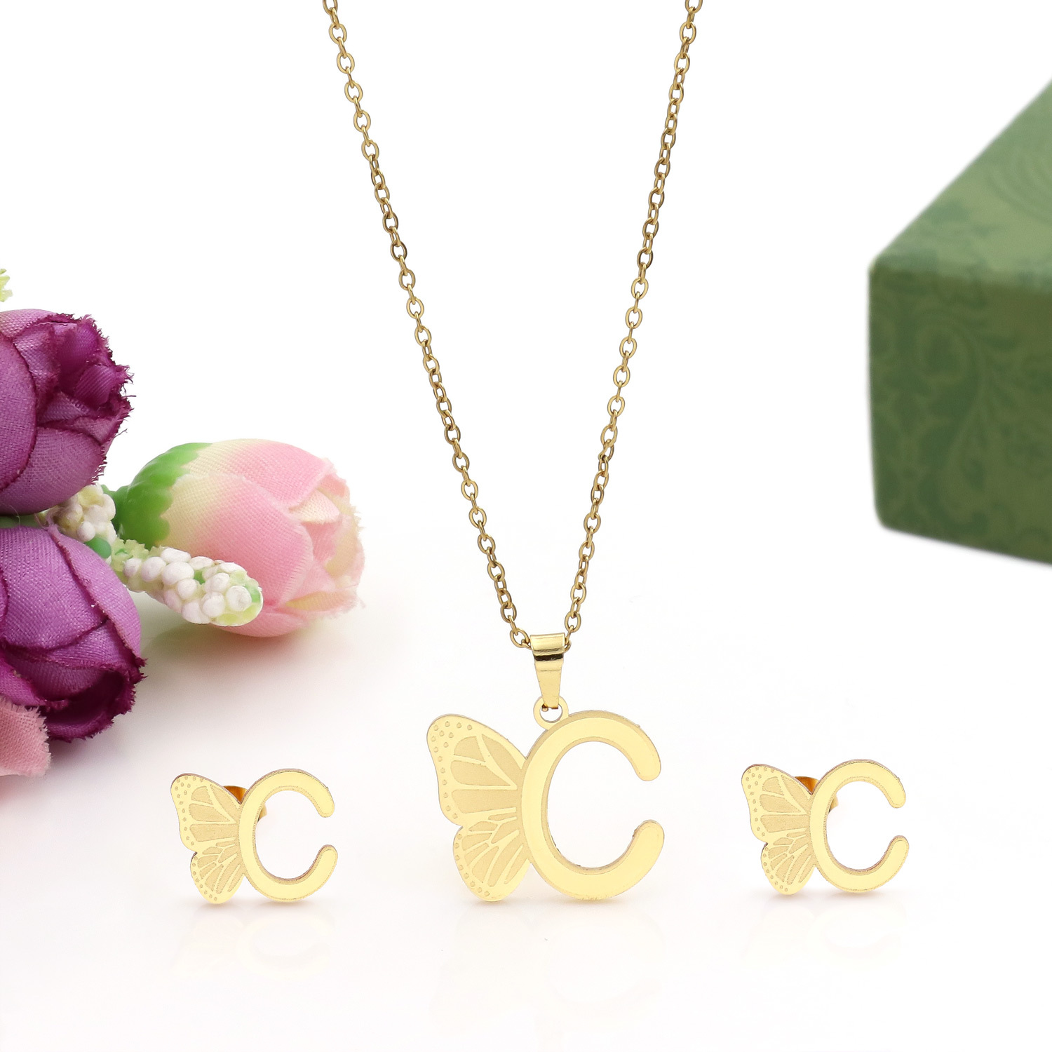 Butterfly Initial Necklace 18K Gold Plated Stainless Steel A-Z 26 Letter Necklace Earring Jewelry Set