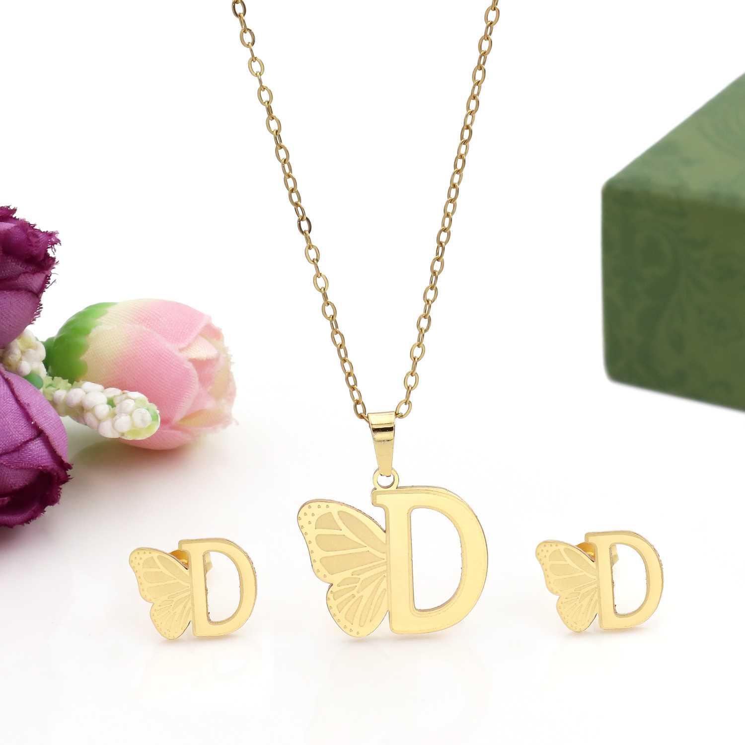 Butterfly Initial Necklace 18K Gold Plated Stainless Steel A-Z 26 Letter Necklace Earring Jewelry Set