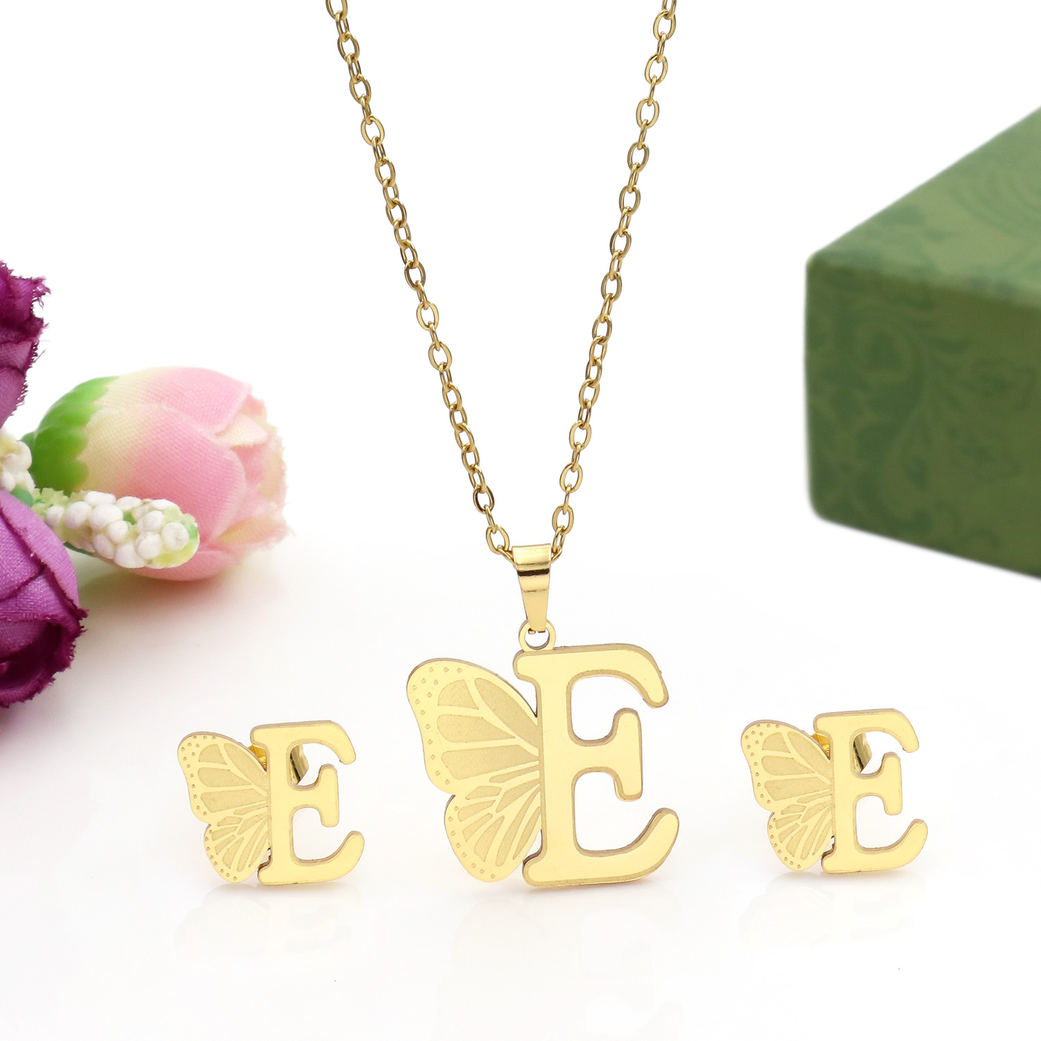 Butterfly Initial Necklace 18K Gold Plated Stainless Steel A-Z 26 Letter Necklace Earring Jewelry Set