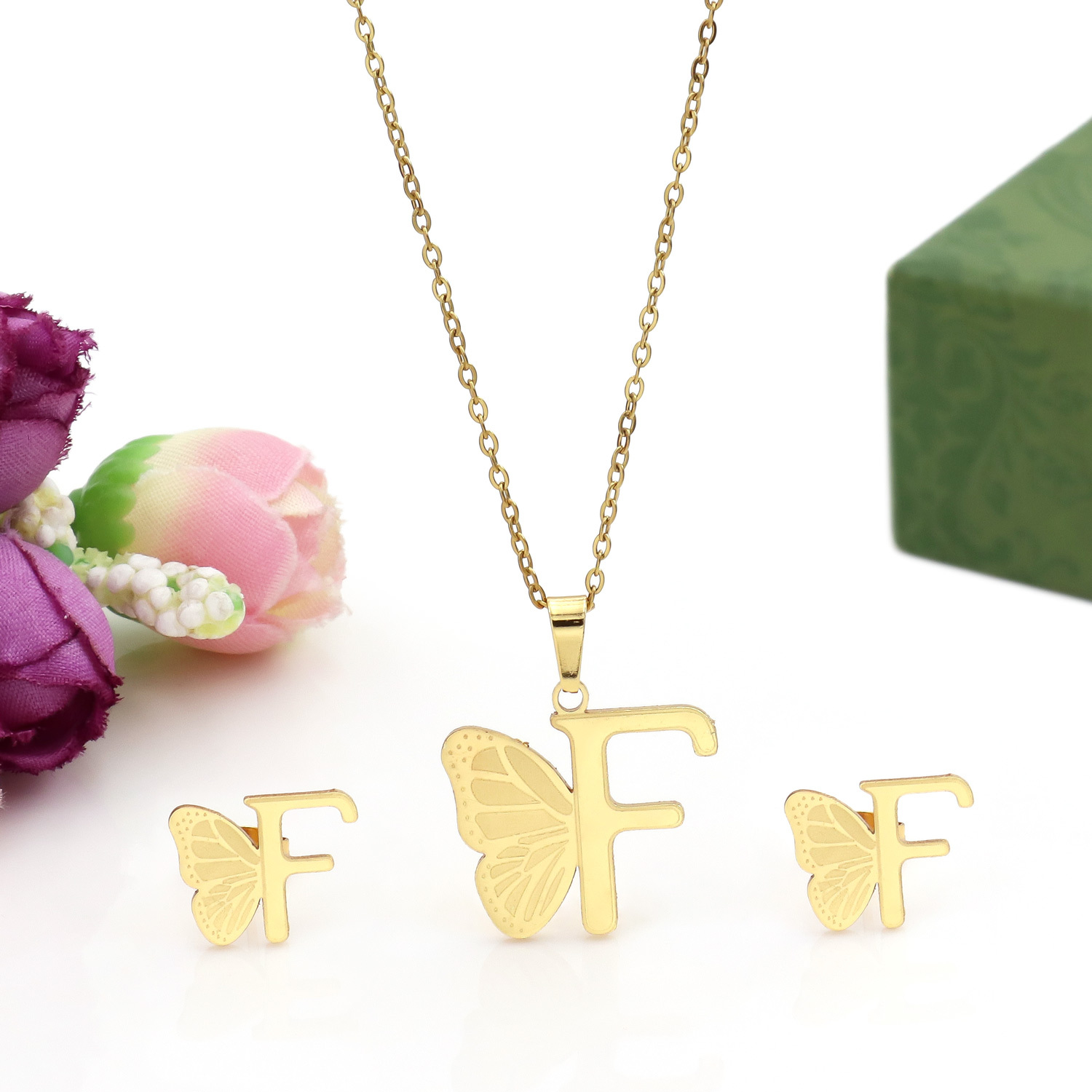 Butterfly Initial Necklace 18K Gold Plated Stainless Steel A-Z 26 Letter Necklace Earring Jewelry Set