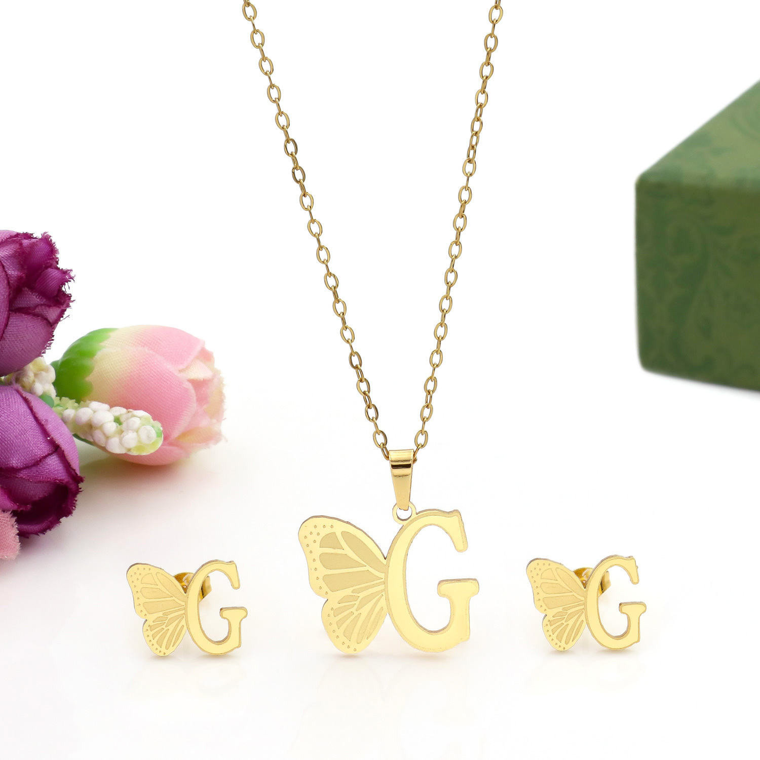 Butterfly Initial Necklace 18K Gold Plated Stainless Steel A-Z 26 Letter Necklace Earring Jewelry Set