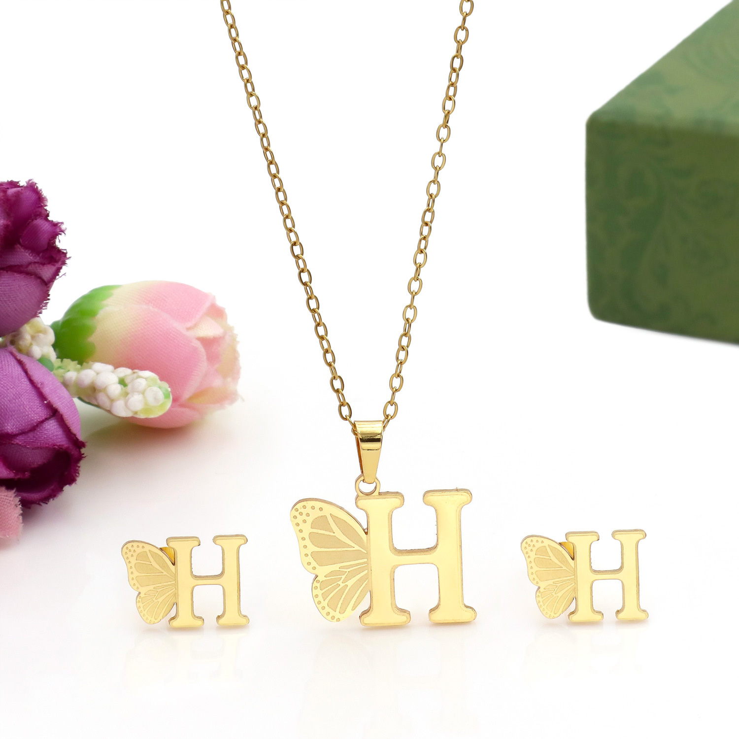 Butterfly Initial Necklace 18K Gold Plated Stainless Steel A-Z 26 Letter Necklace Earring Jewelry Set