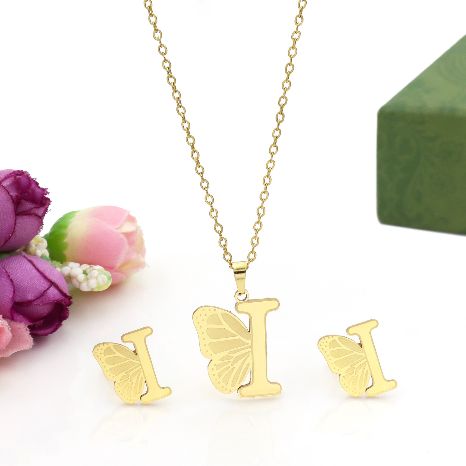 Butterfly Initial Necklace 18K Gold Plated Stainless Steel A-Z 26 Letter Necklace Earring Jewelry Set