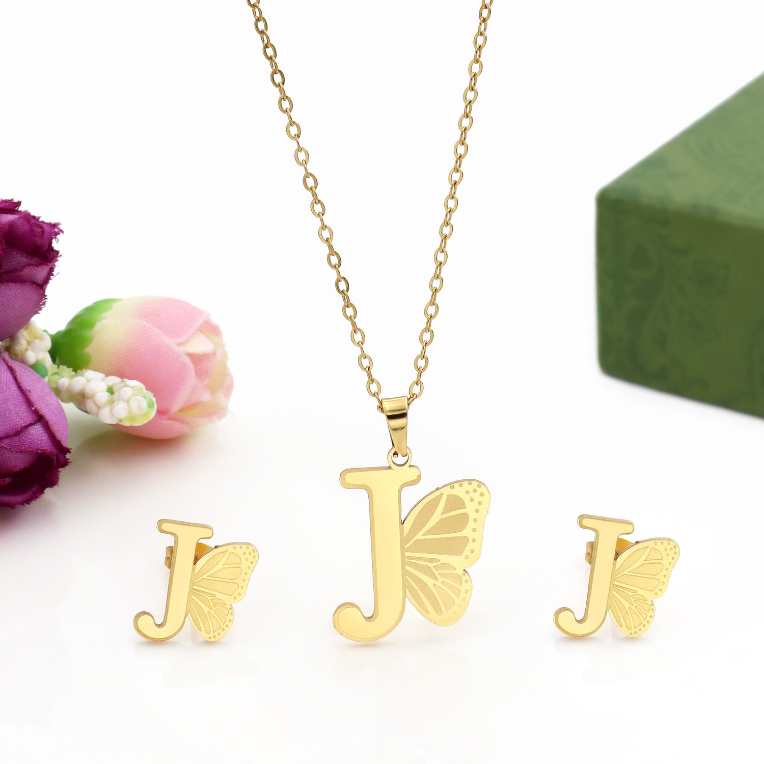 Butterfly Initial Necklace 18K Gold Plated Stainless Steel A-Z 26 Letter Necklace Earring Jewelry Set