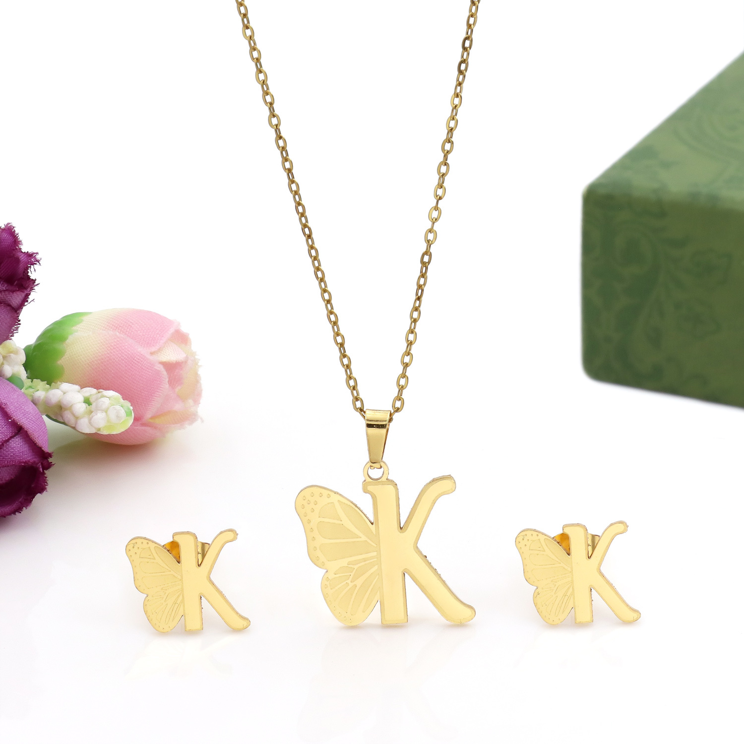 Butterfly Initial Necklace 18K Gold Plated Stainless Steel A-Z 26 Letter Necklace Earring Jewelry Set