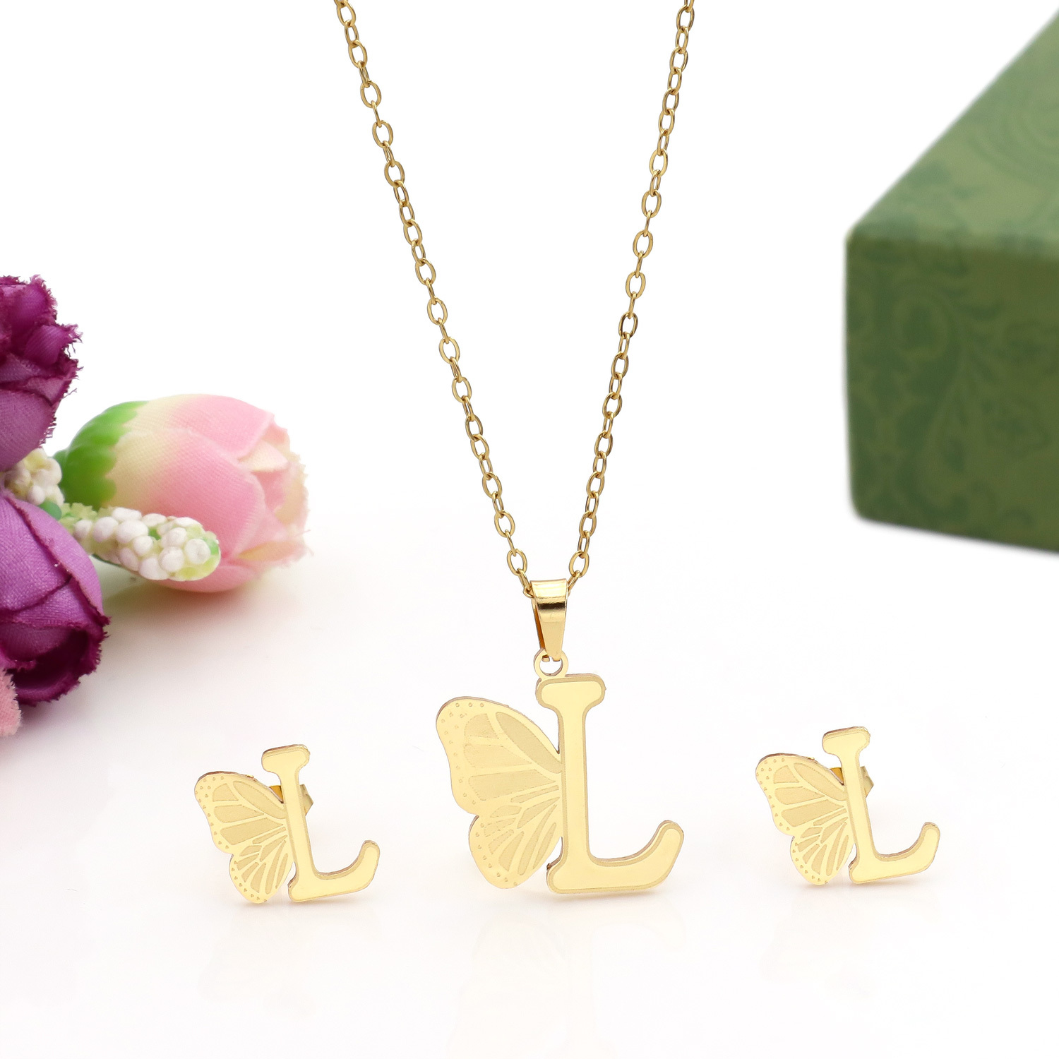 Butterfly Initial Necklace 18K Gold Plated Stainless Steel A-Z 26 Letter Necklace Earring Jewelry Set