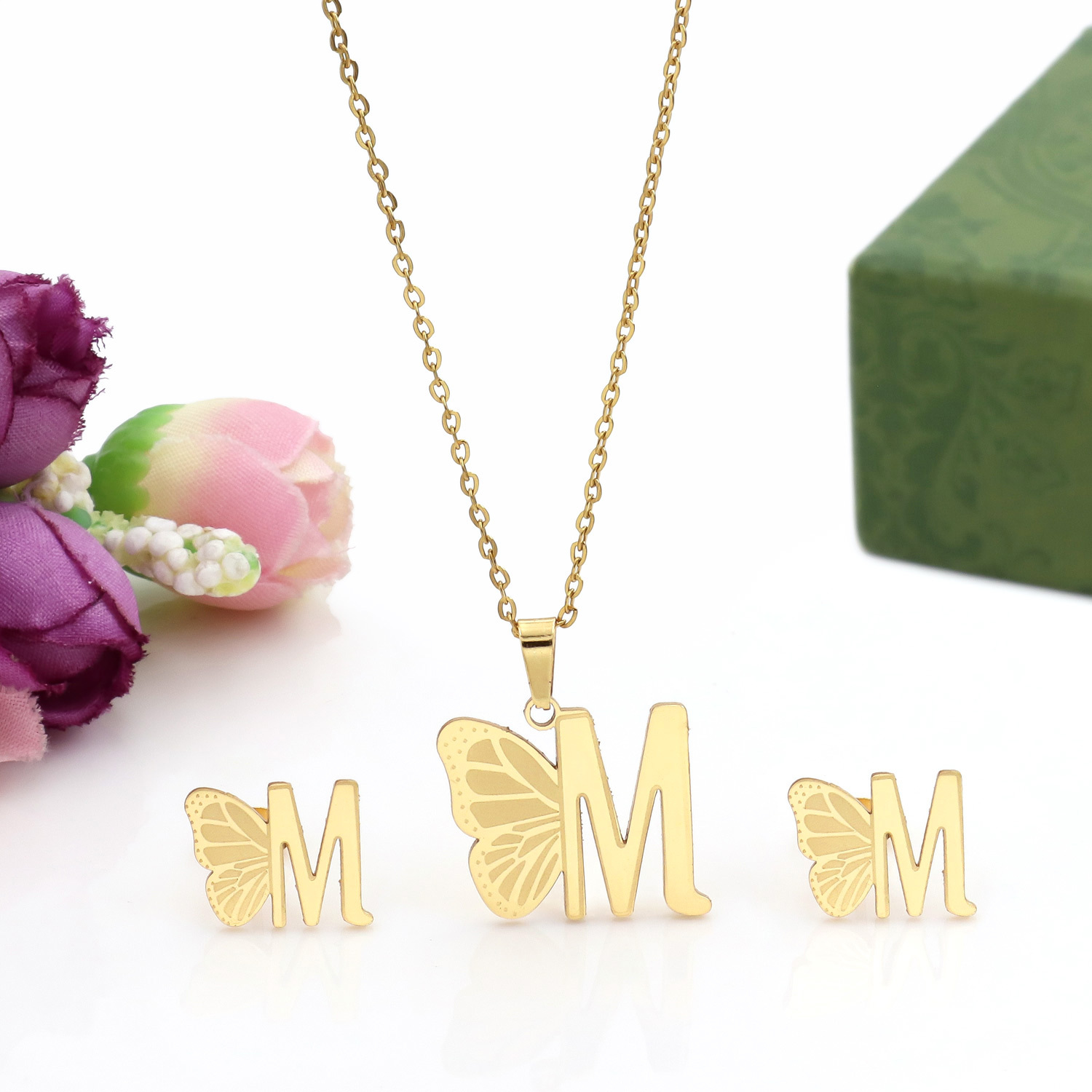 Butterfly Initial Necklace 18K Gold Plated Stainless Steel A-Z 26 Letter Necklace Earring Jewelry Set