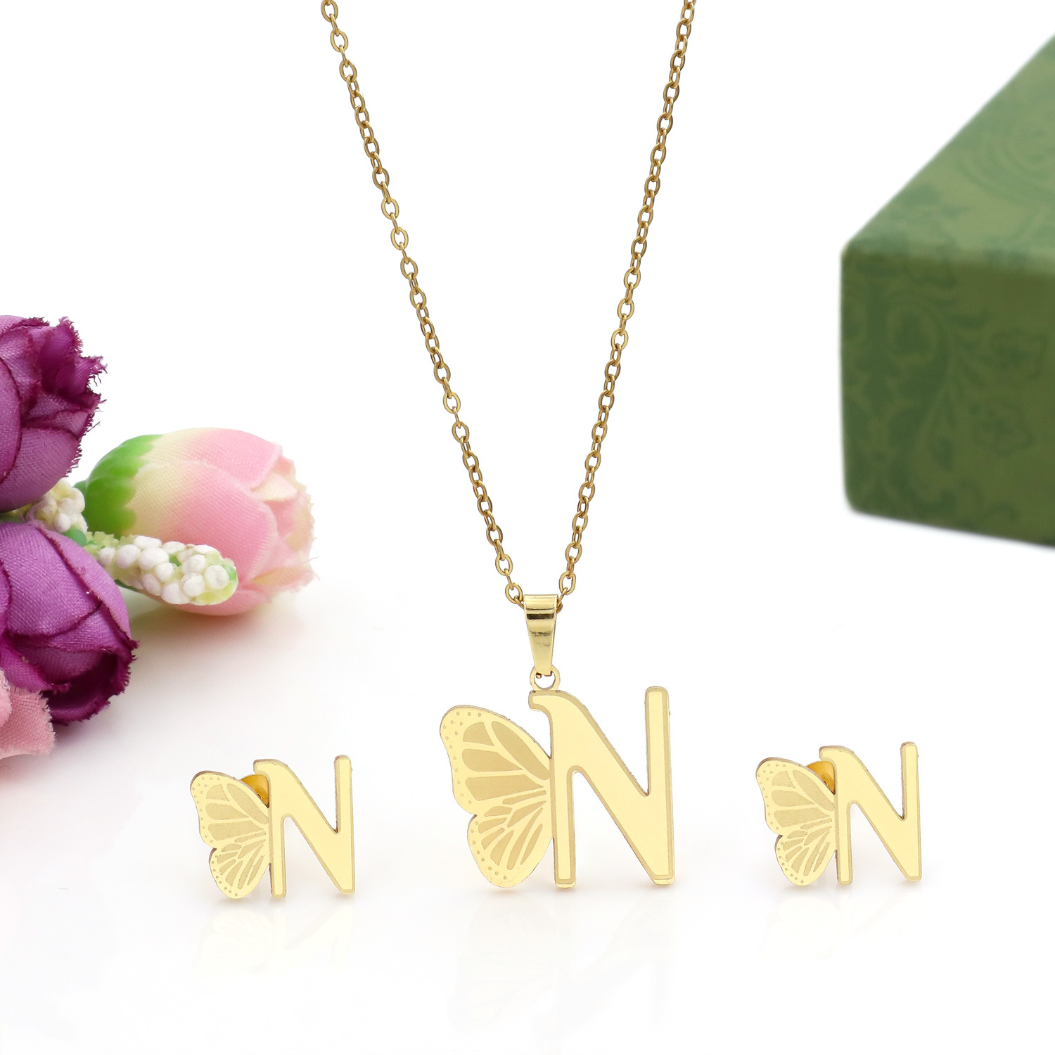 Butterfly Initial Necklace 18K Gold Plated Stainless Steel A-Z 26 Letter Necklace Earring Jewelry Set