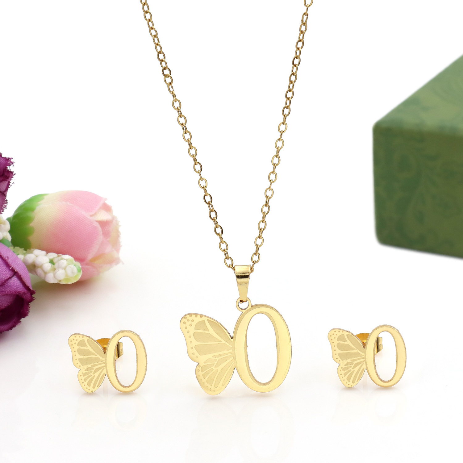 Butterfly Initial Necklace 18K Gold Plated Stainless Steel A-Z 26 Letter Necklace Earring Jewelry Set