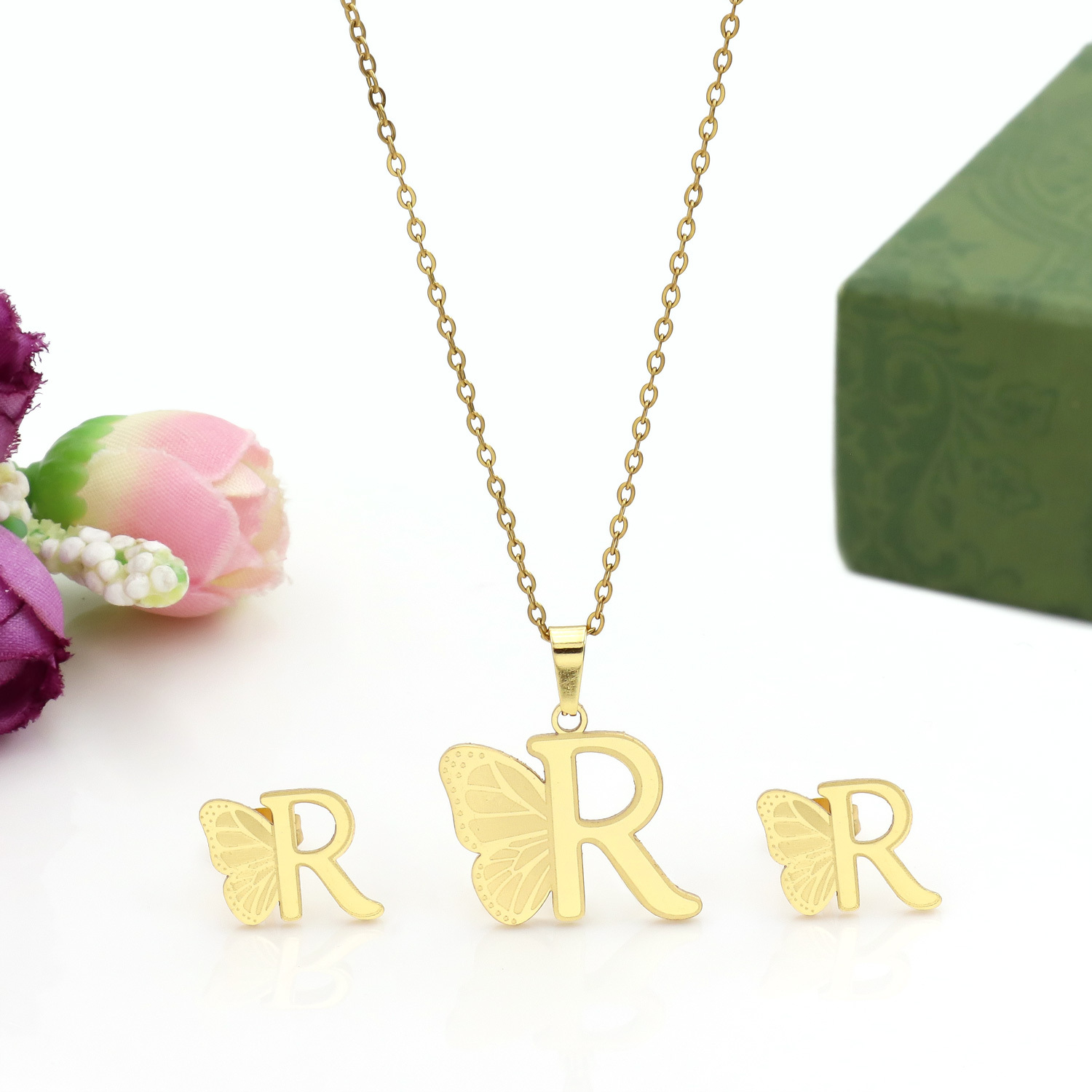Butterfly Initial Necklace 18K Gold Plated Stainless Steel A-Z 26 Letter Necklace Earring Jewelry Set