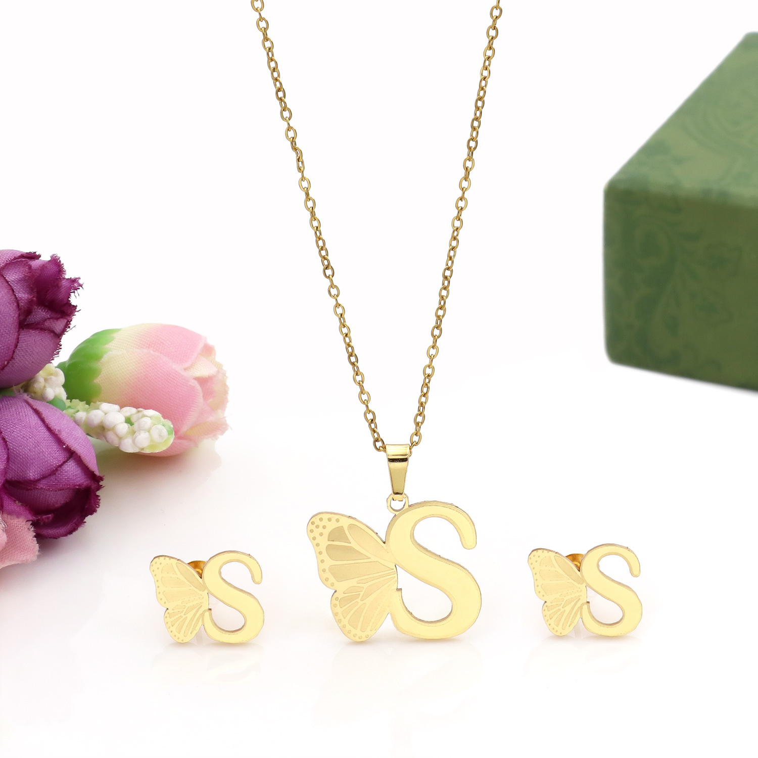 Butterfly Initial Necklace 18K Gold Plated Stainless Steel A-Z 26 Letter Necklace Earring Jewelry Set