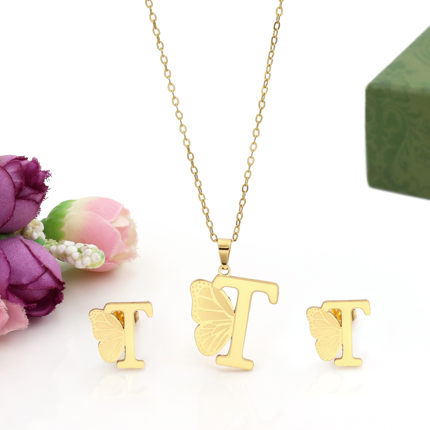 Butterfly Initial Necklace 18K Gold Plated Stainless Steel A-Z 26 Letter Necklace Earring Jewelry Set