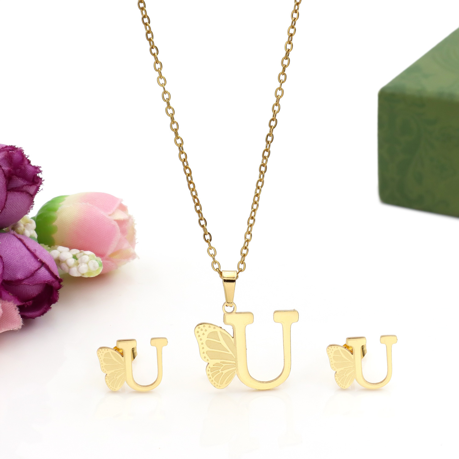 Butterfly Initial Necklace 18K Gold Plated Stainless Steel A-Z 26 Letter Necklace Earring Jewelry Set