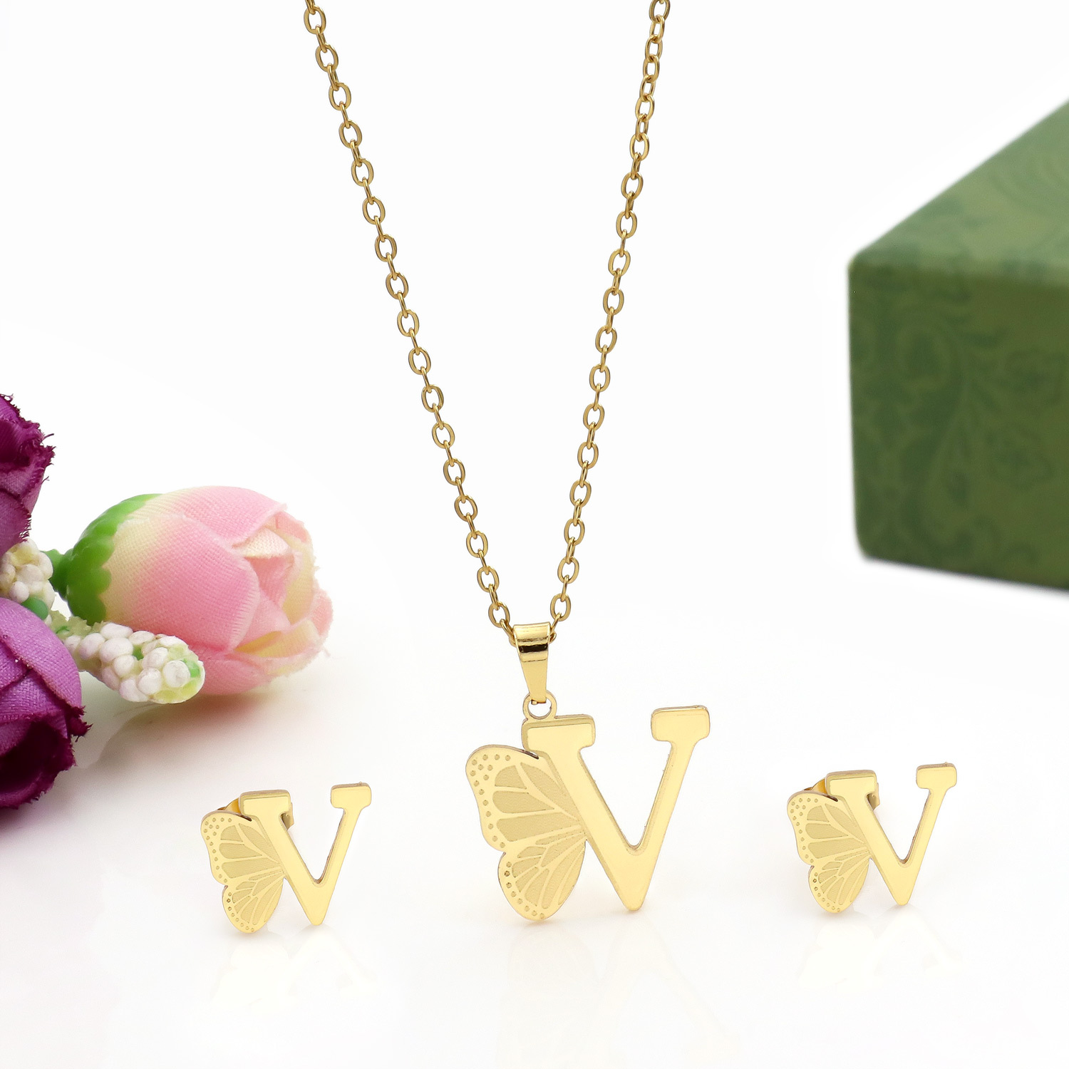 Butterfly Initial Necklace 18K Gold Plated Stainless Steel A-Z 26 Letter Necklace Earring Jewelry Set
