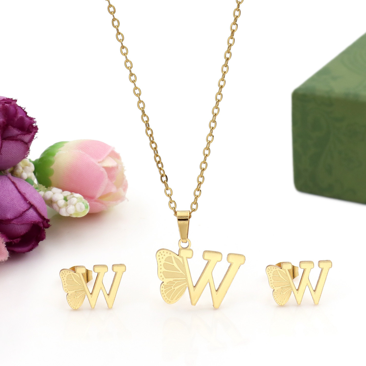 Butterfly Initial Necklace 18K Gold Plated Stainless Steel A-Z 26 Letter Necklace Earring Jewelry Set