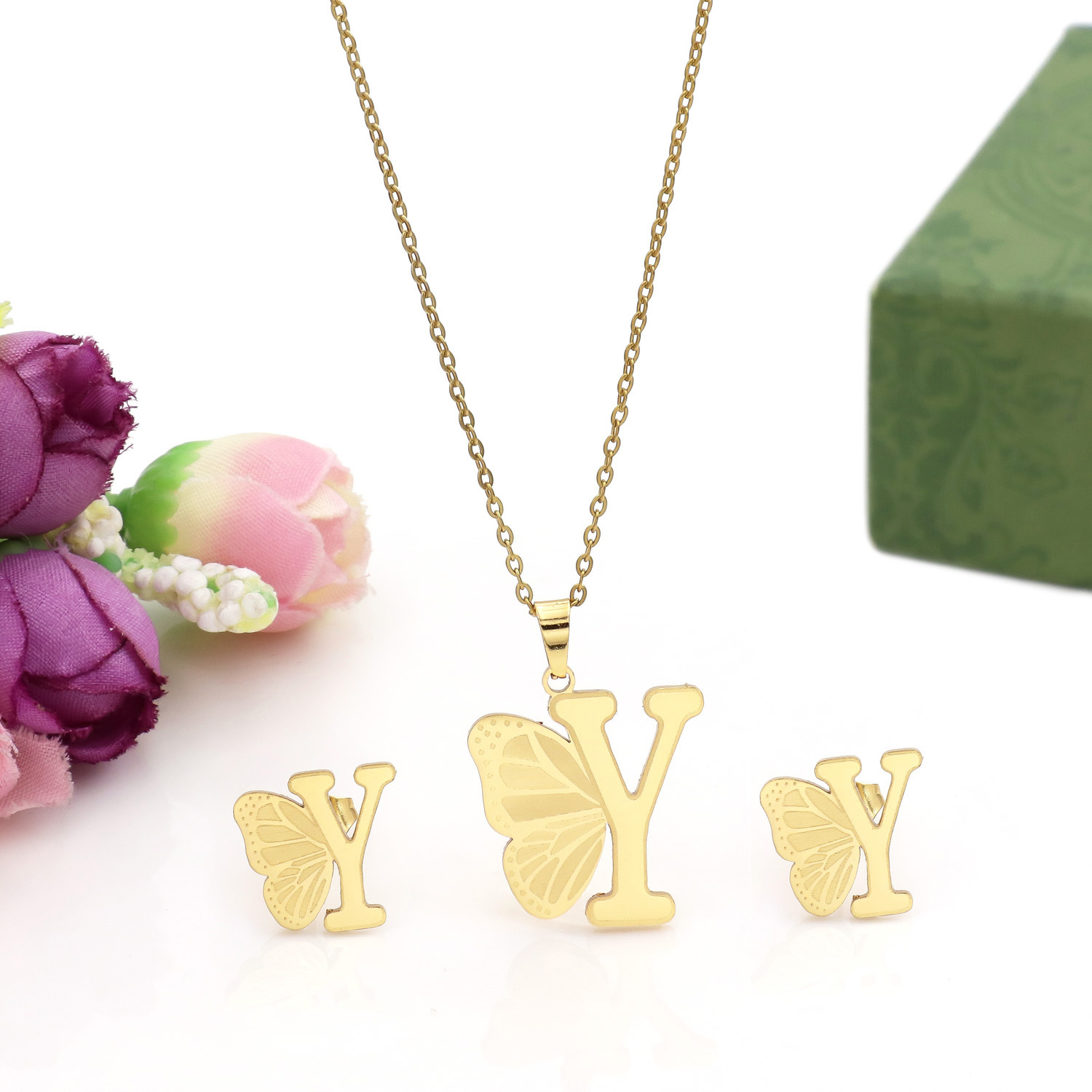 Butterfly Initial Necklace 18K Gold Plated Stainless Steel A-Z 26 Letter Necklace Earring Jewelry Set
