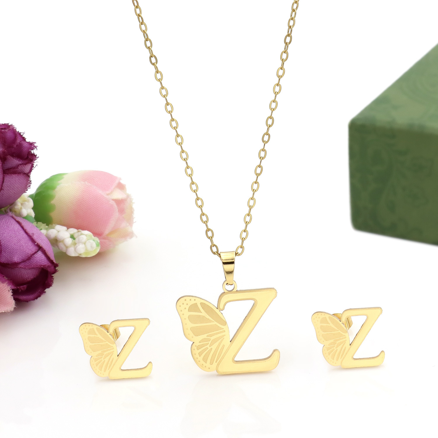 Butterfly Initial Necklace 18K Gold Plated Stainless Steel A-Z 26 Letter Necklace Earring Jewelry Set
