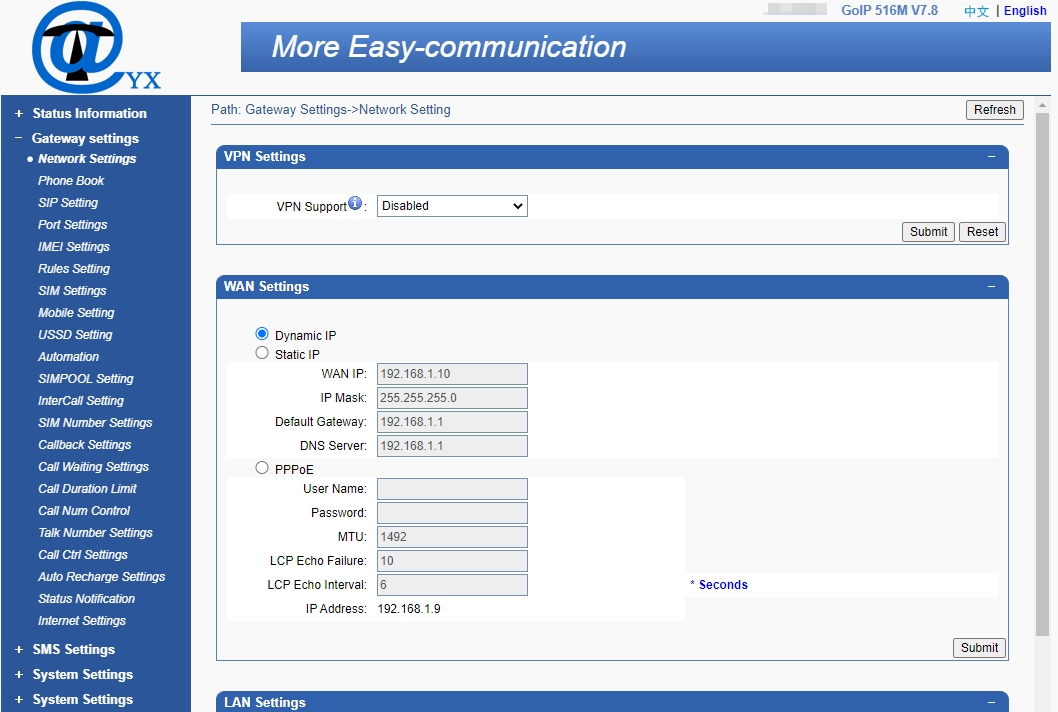 voip gateway panel network setting
