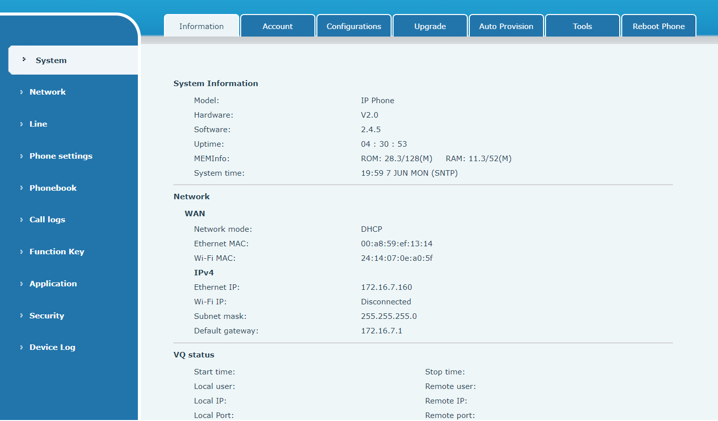 Display of Web Managers Phone Status Page