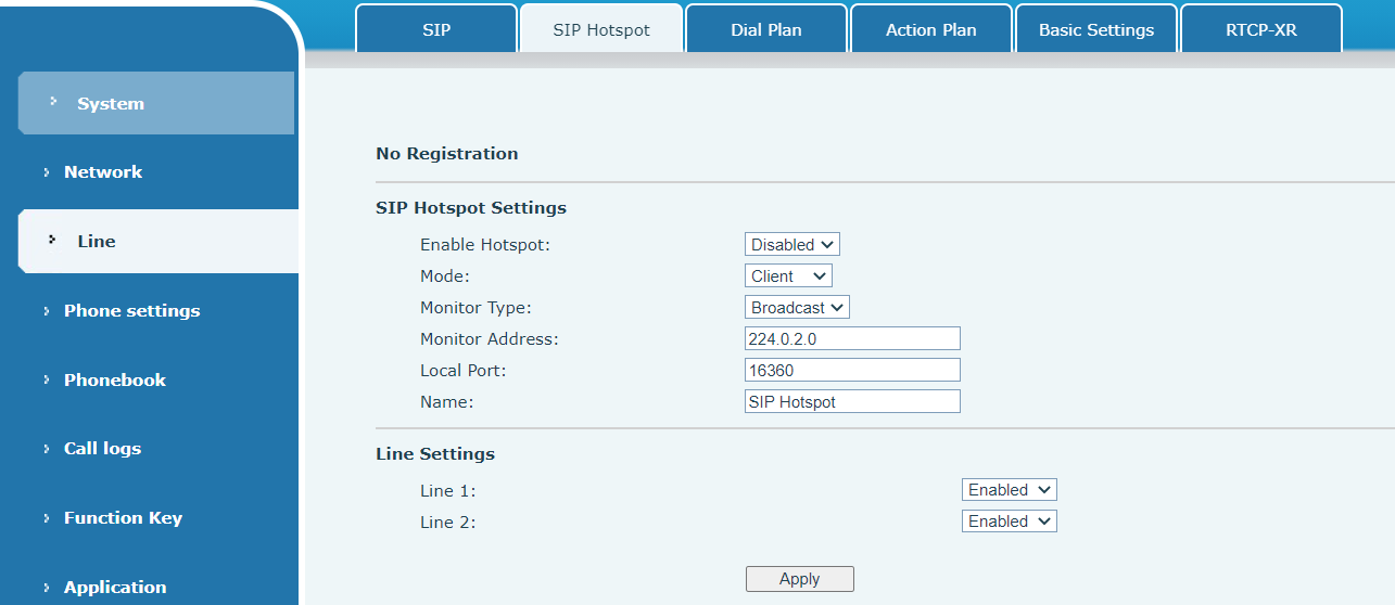 SIP hotspot server configuration page display