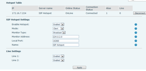 SIP hotspot client configuration page display